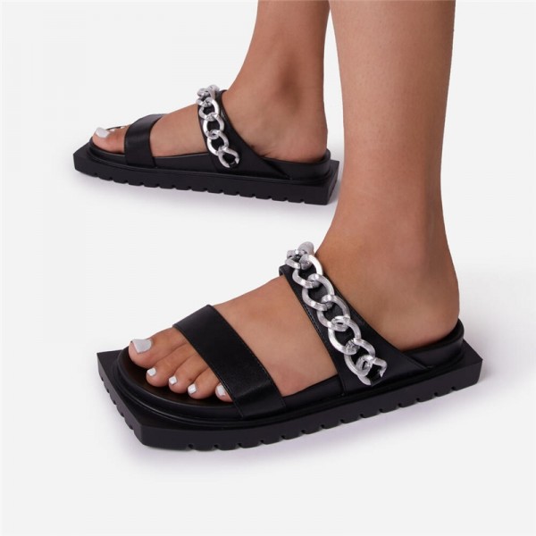 Women's Flat Platform Slides Sandals with Silver Chain Decor Open Toe Slippers