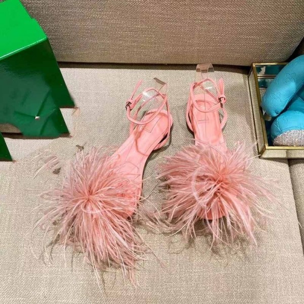 Fluffy Flat Feather Sandals with Ankle Strap for Women