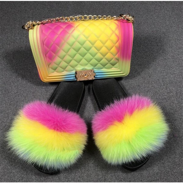 Rainbow Fur Slides Sandals for Women with Matching Jelly Handbags