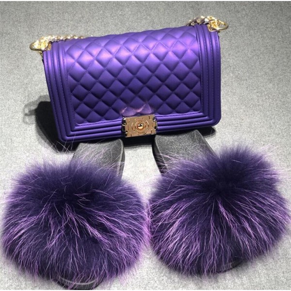 Women's Purple Fur Slides with Matching Chain Shoulder Bag