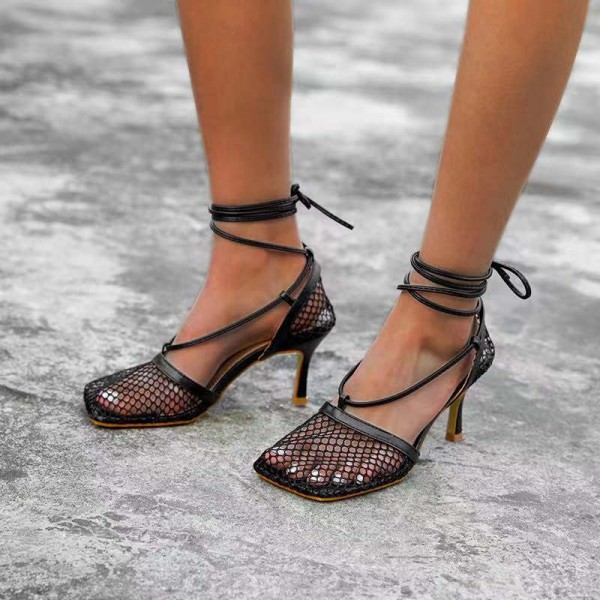 Stiletto Heel Sandals for Women Fishnet Strappy Ankle Wrap Heels