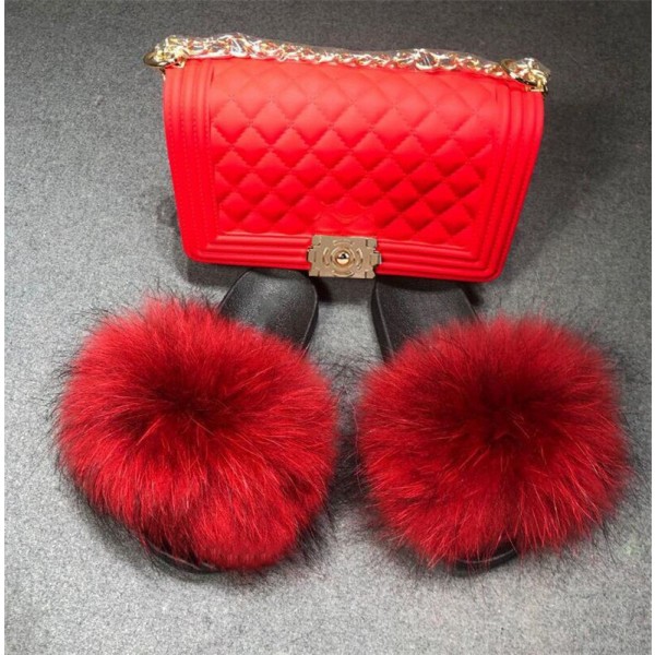 Red Fur Slides for Women with Matching Chain Shoulder Bag Set