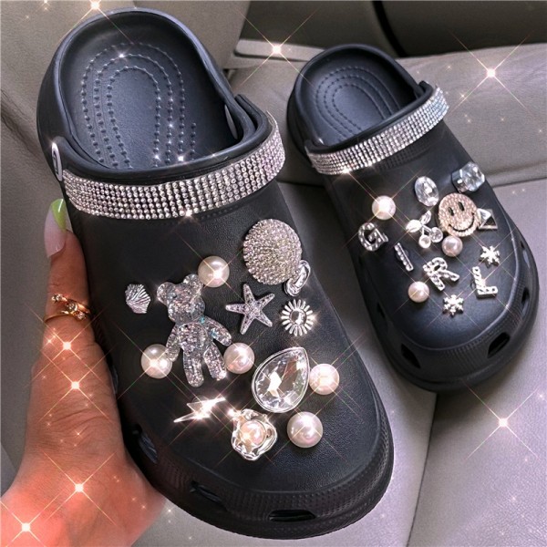 Clogs for Women with Pearls Rhinestones Bear Letters Decor