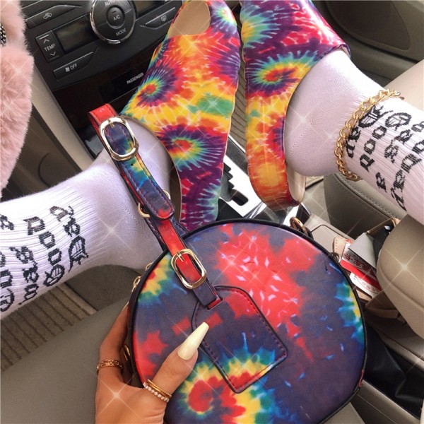Sunflower Slide Sandals for Women with Matching Tie Dye Clutch Bag