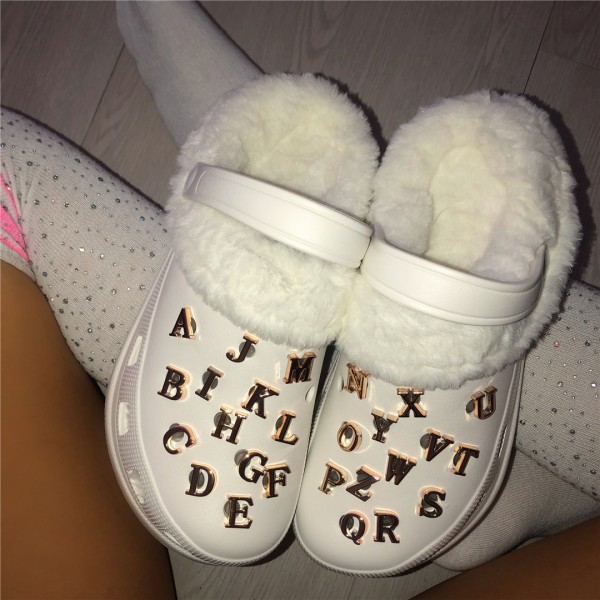 Fur Lined Clogs with Letters Charm Slide Sandals for Women