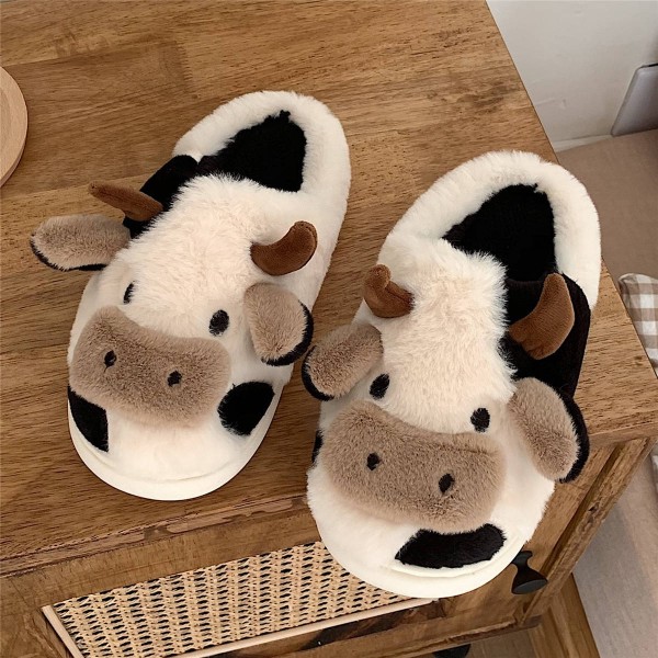 Fuzzy Cow Slippers Cute Animal House Shoes for Women