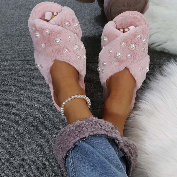 Fuzzy Cross Band Slippers with Pearls Decor for Women