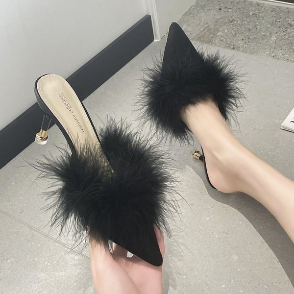 High Heel Fur Sandals Womens Pointed-Toe Stiletto Slip-on Shoes