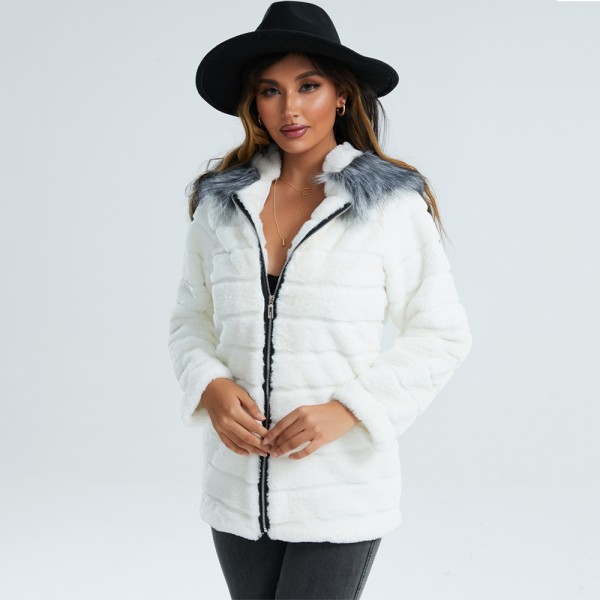 Hood Faux Fur Coat for Women Front Zipper Fleece Jacket