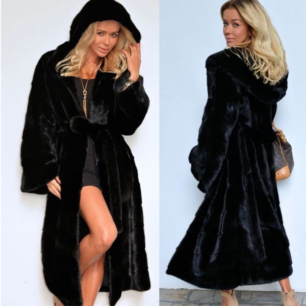 Hooded Faux Fur Trench Coat Sexy Black Belted Overcoat for Women