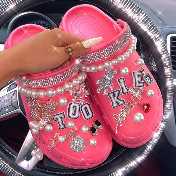 Women's Clogs with Glittering Pearls Rhinestone Butterfly Decor Sandals