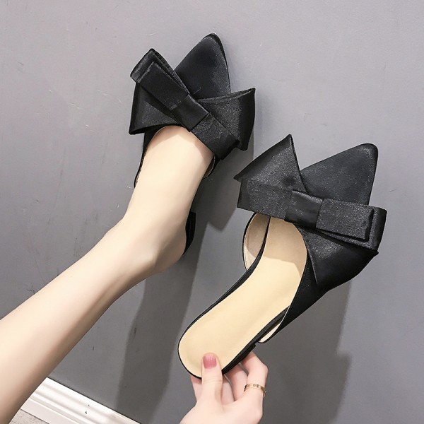 Chic Women's Pointed Toe Mules Black Silk Mules Shoes with Bow