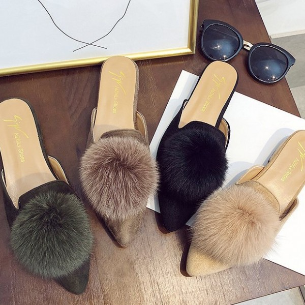 Women's Pom Pom Mules Pointed Toe Ladies Flat Mules Shoes