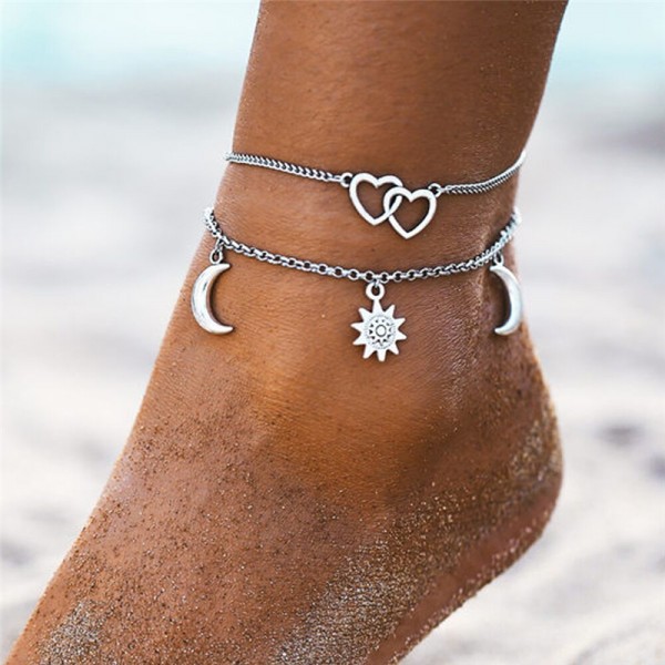 Layered Sun and Moon Ankle Bracelets Heart Cross Anklets Chain Beach for Women