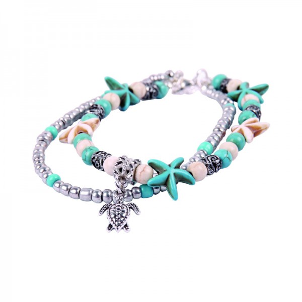 Blue Starfish Turtle Anklet Multilayer Charm Beads Sea Boho Anklet for Women