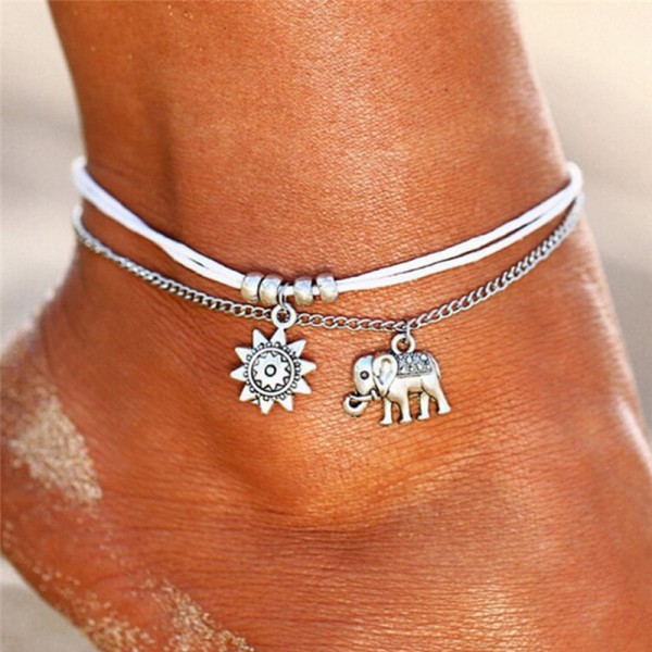 Vintage Layered Ankle Bracelets Sunflower Silver Anklets Chain Elephant for Women
