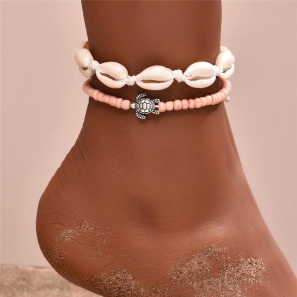 Boho Turtle Layered Shell Anklet Set Silver Beaded Foot Chain for Women