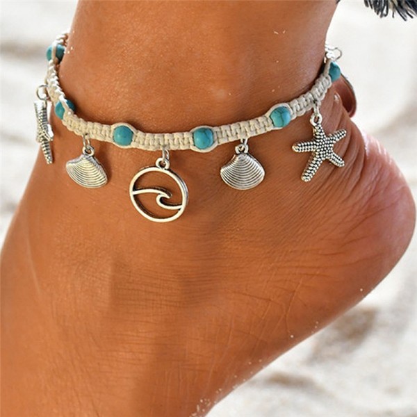 Braided Ankle Bracelets Shell and Starfish Foot Chain Jewelry for Women