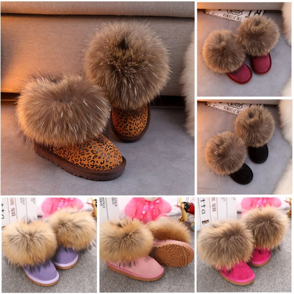 Girl's Boots Fluffy Fox Fur Leopard Short Toddler Girl Boots