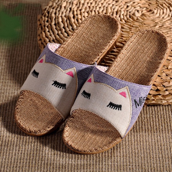 Cute Natural Linen Kids Slippers Open Toe Family House Slides