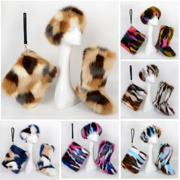 Cute Kids' Faux Fur Boots with Matching Fur Headband and Bag Set