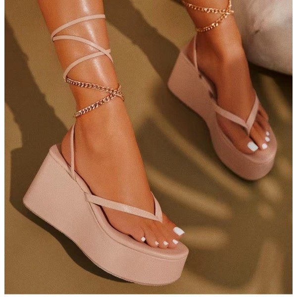 Flip Flop Platform Sandals for Women with Gold Chain Strappy Ankle Wrap Slippers 