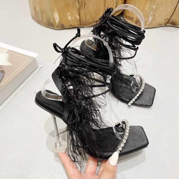 Lace Up Sandals Feather Rhinestone Strappy Crystal Stiletto Heels for Women