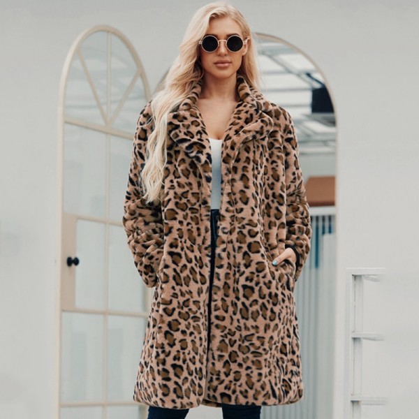 Leopard Fur Coat Long Brown Overcoat for Women
