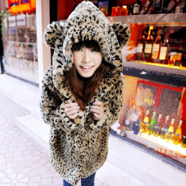 Leopard Hooded Faux Fur Coat with Ears for Women