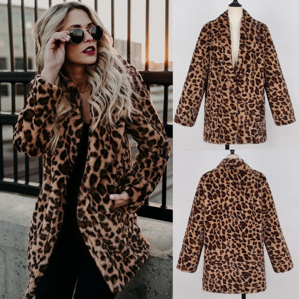 Leopard Print Coat Fuzzy Faux Fur Outerwear for Women