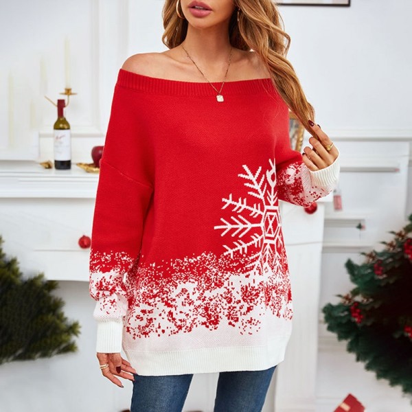 Long Christmas Sweater Snowflake Print Off the Shoulder Knit Pullover for Women
