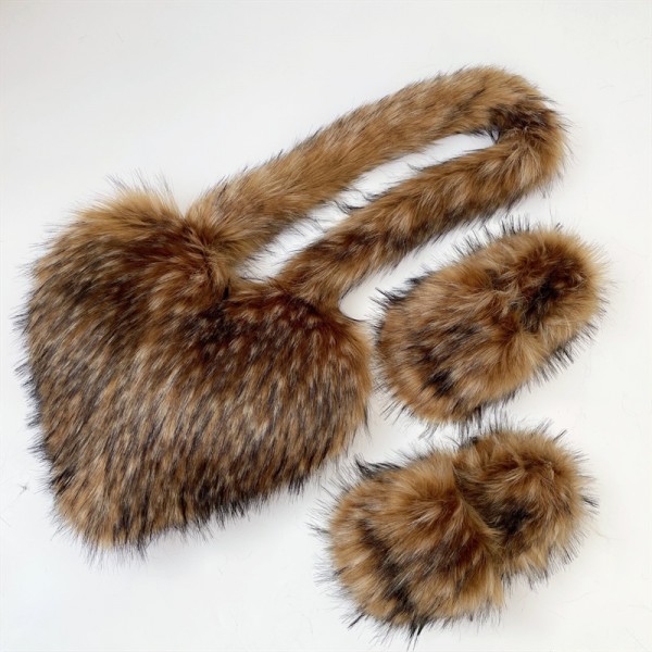Matching Fur Slides and Heart Bag Set for Women