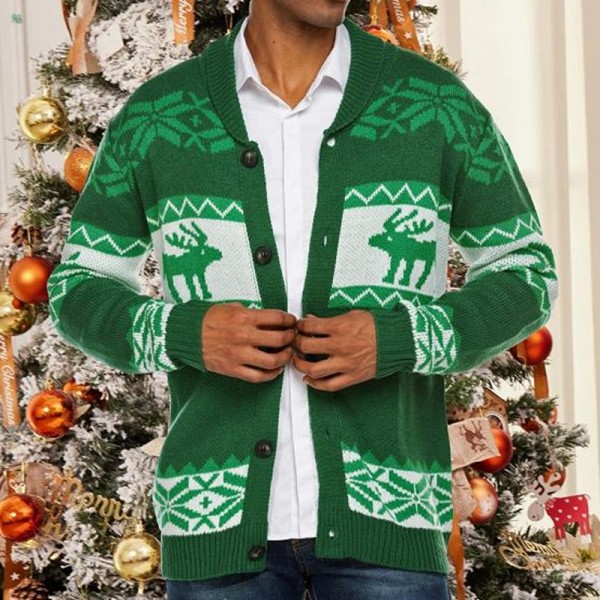 Men's Christmas Sweater Reindeer Snowflake Pattern Shawl Collar Cardigan