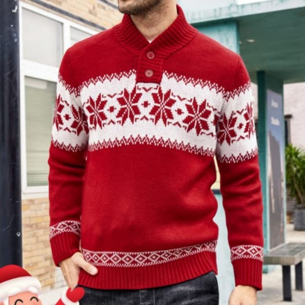 Men's Christmas Sweater Snowflake Print Button Mock Neck Pullover