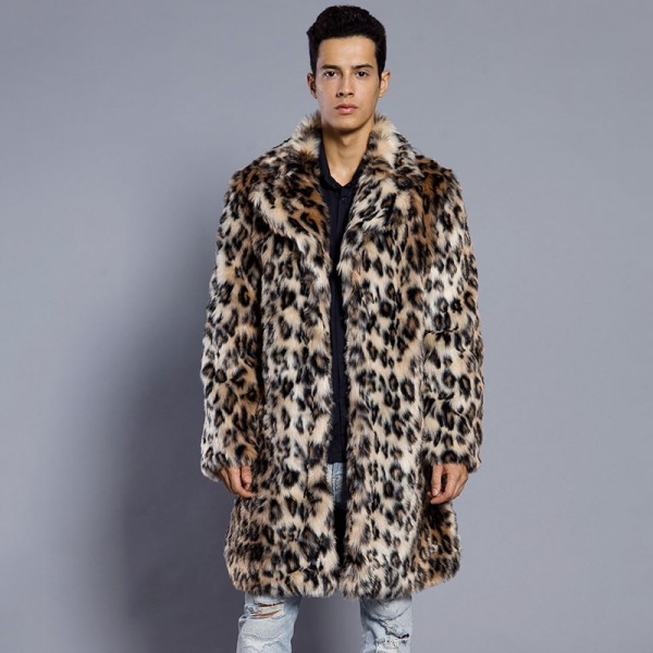 Men's Leopard Print Coat Winter Faux Fur Outerwear