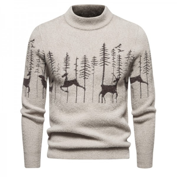 Men's Xmas Sweater Reindeer Print Winter Slim Fit Turtleneck Pullover