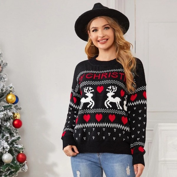 Merry Christmas Sweater with Reindeer and Heart Print Cute Pullover for Women