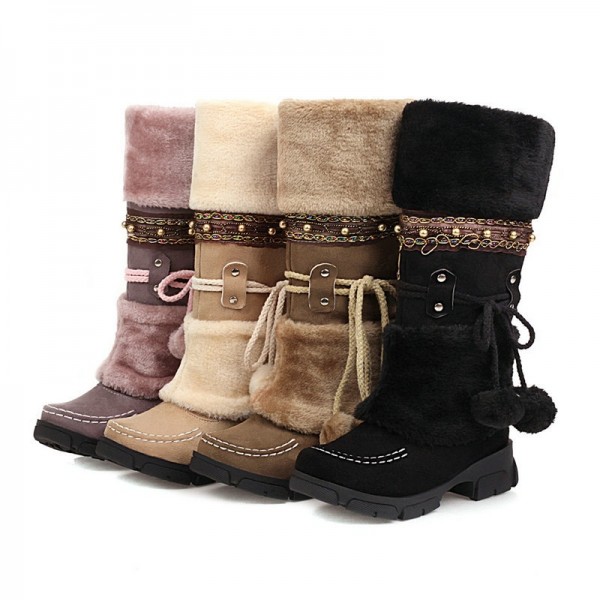 Mid Calf Snow Boots with Faux Fur Over for Women