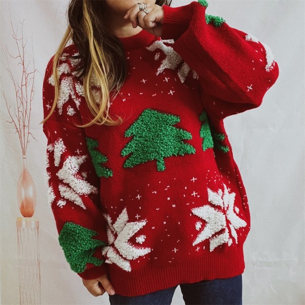 Oversized Christmas Sweater Terry Snowflake Pattern Thick Holiday Pullover for Women