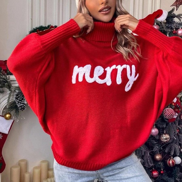 Oversized Merry Sweater Casual Batwing Turtleneck Pullover for Women