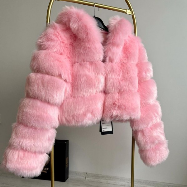 Pink Faux Fur Jacket Women's Crop Furry Hooded Outerwear
