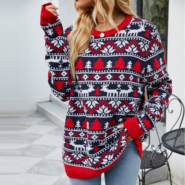 Plus Size Christmas Sweater Vintage Snowflake Reindeer Print Holiday Pullover for Women