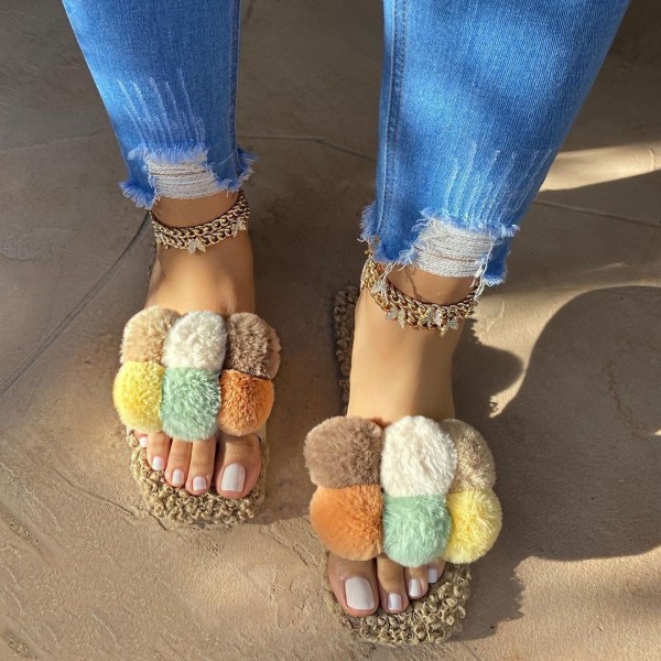 Pom Pom Slides Women Flat Fuzzy Sandals