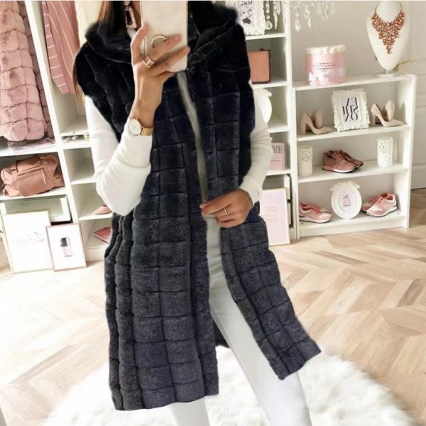 Quilted Long Faux Fur Vest with Hood for Women