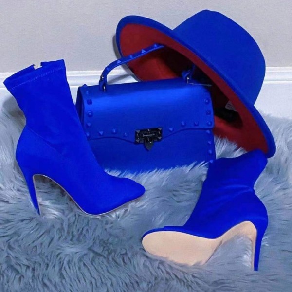 Royal Blue Pointed Toe Booties with Matching Handbag and Hat Set