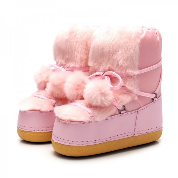 Snow Boots for Women with Fur Pom Pom Winter Ankle Boots
