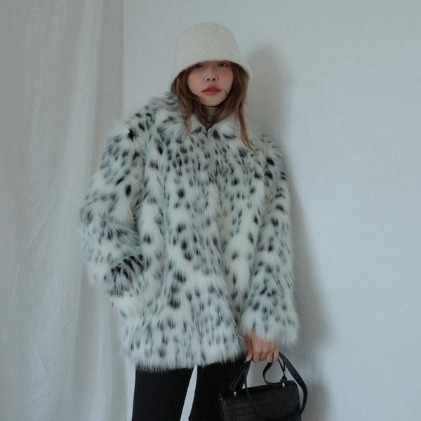 Snow Leopard Faux Fur Jacket Women's Short Fluffy Outerwear