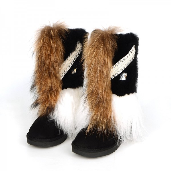 Suede Boots with Fur and Rivet Decor for Women