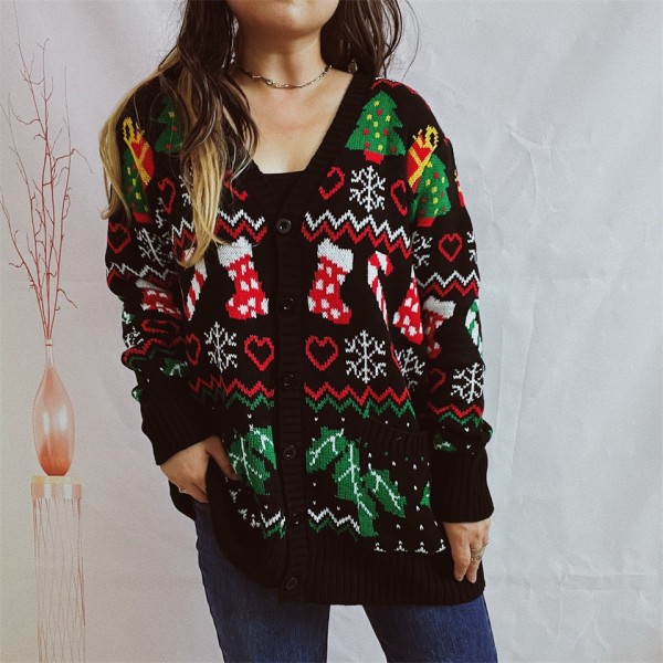 Ugly Christmas Cardigan with Buttons Black V-Neck Knit Sweater for Women