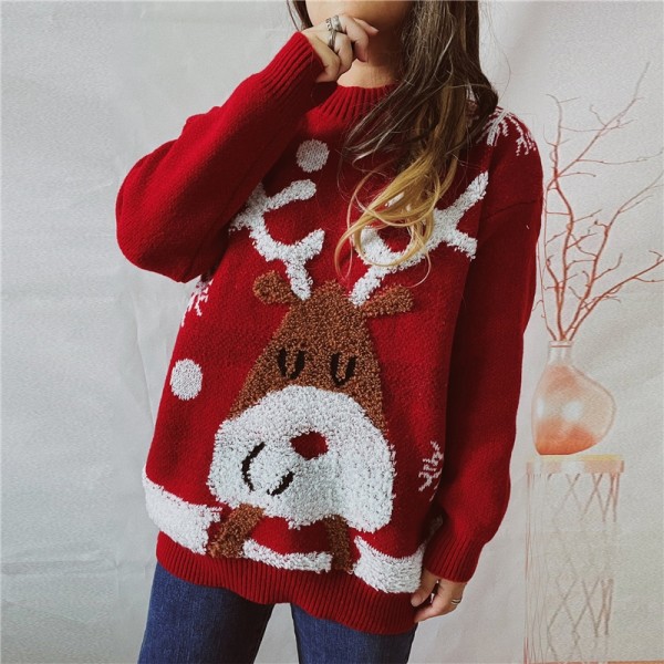 Ugly Christmas Sweater Terry Reindeer Pattern Holiday Jumper for Women